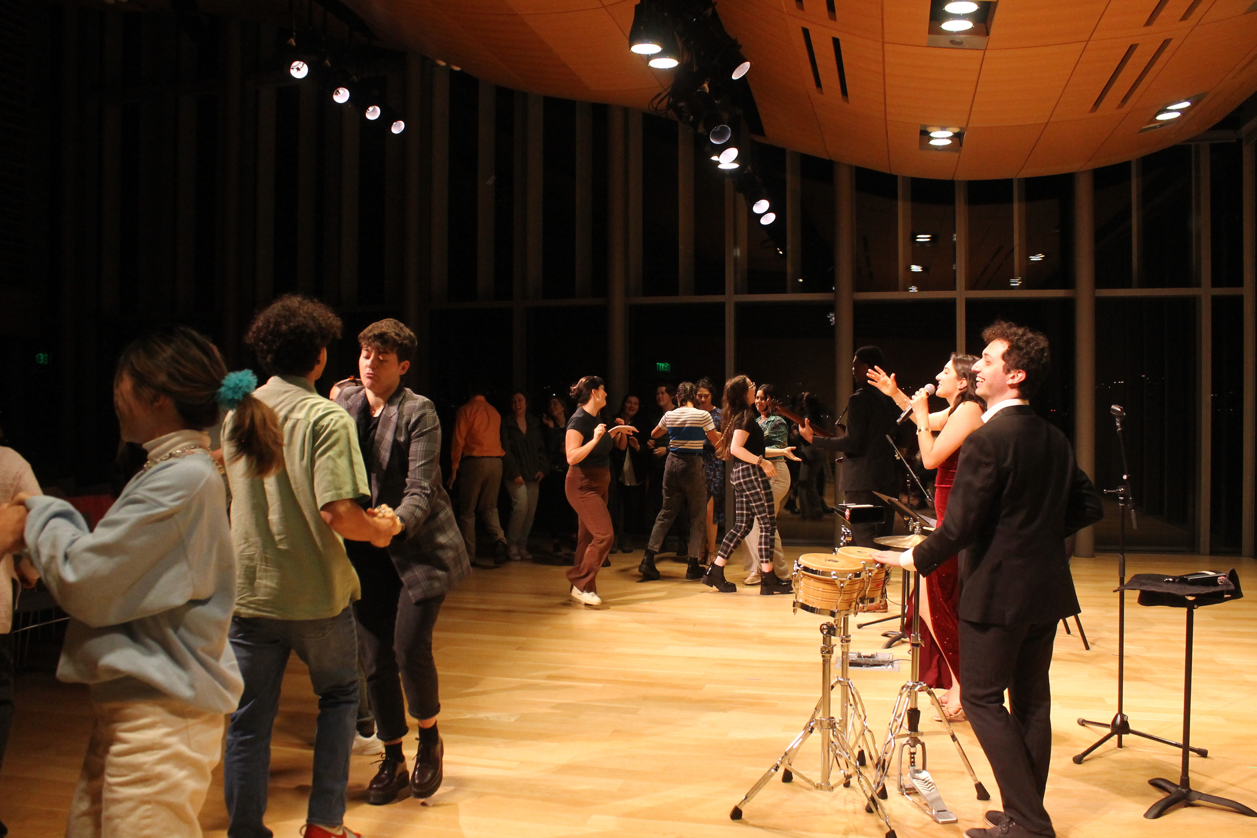 Megan performing live on stage with a band